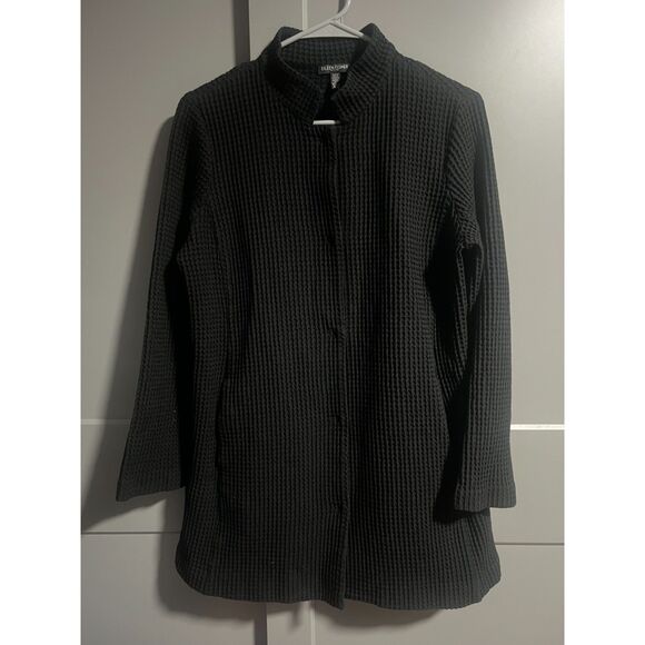 Eileen Fisher Petite Cotton Tencel Stretch Waffle Grid Jacket Black Large Petite - Picture 1 of 9